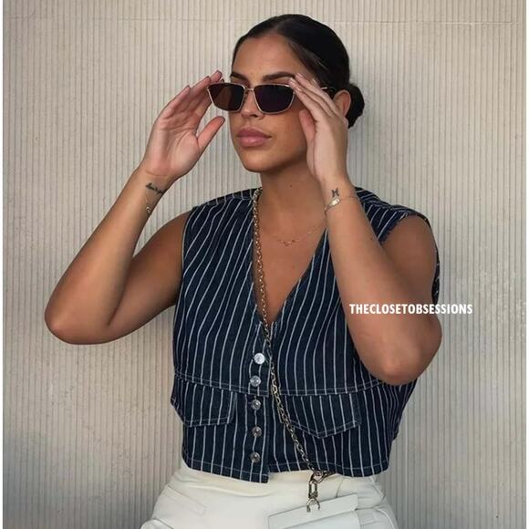 ZARA Cropped Sleeveless Vest NWT | Striped Button-Front Denim Look M - Picture 3 of 16